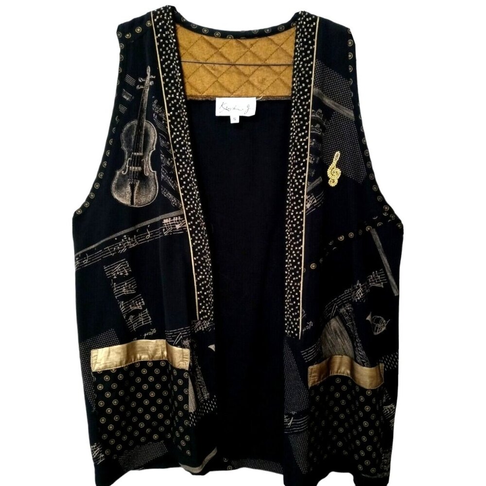 Vintage 80s Black Vest Gold Eclectic Music Kristin J Nostalgia Oversized Small